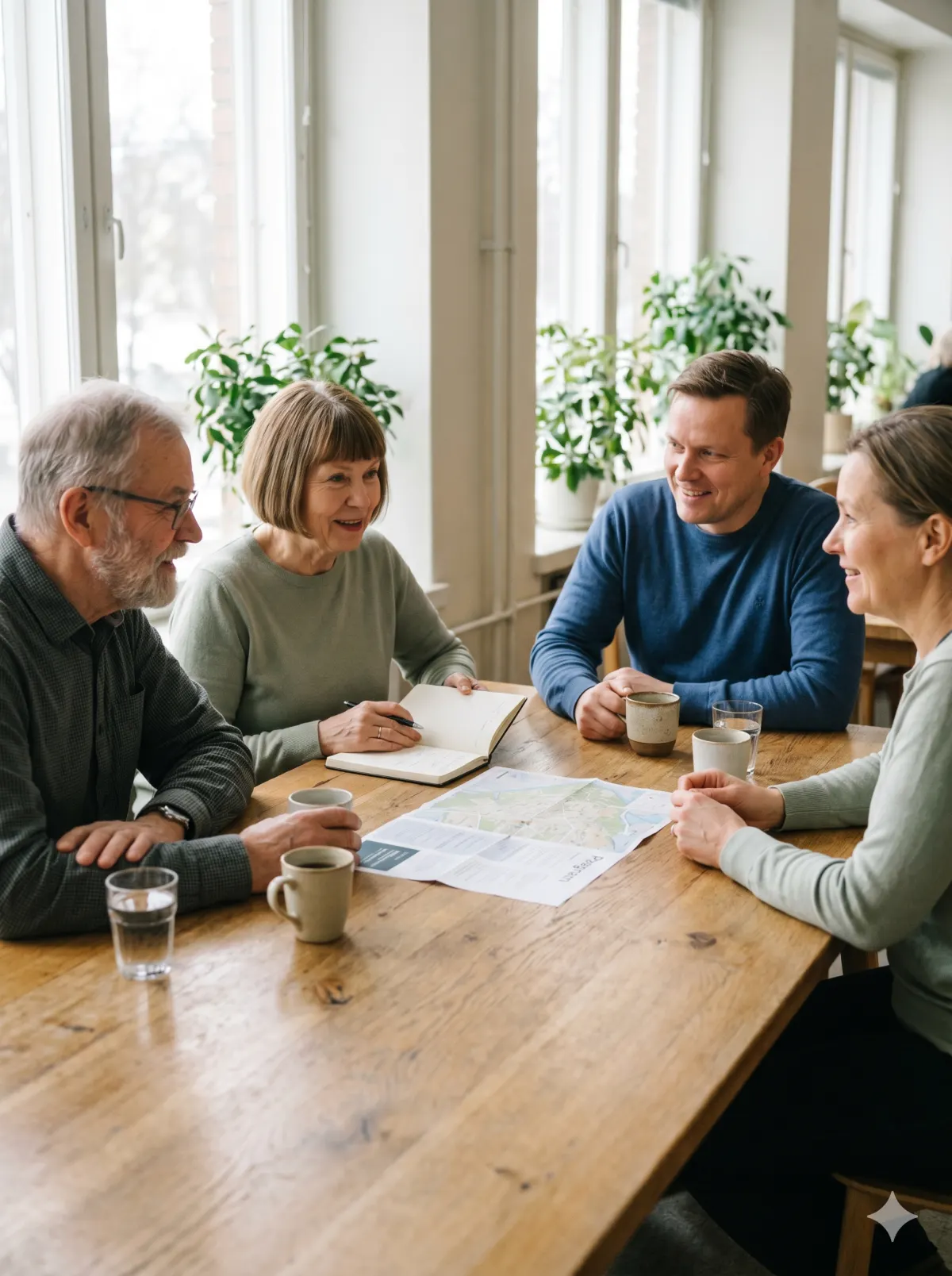 Four adults collaborating around a warm wooden table over coffee and a map