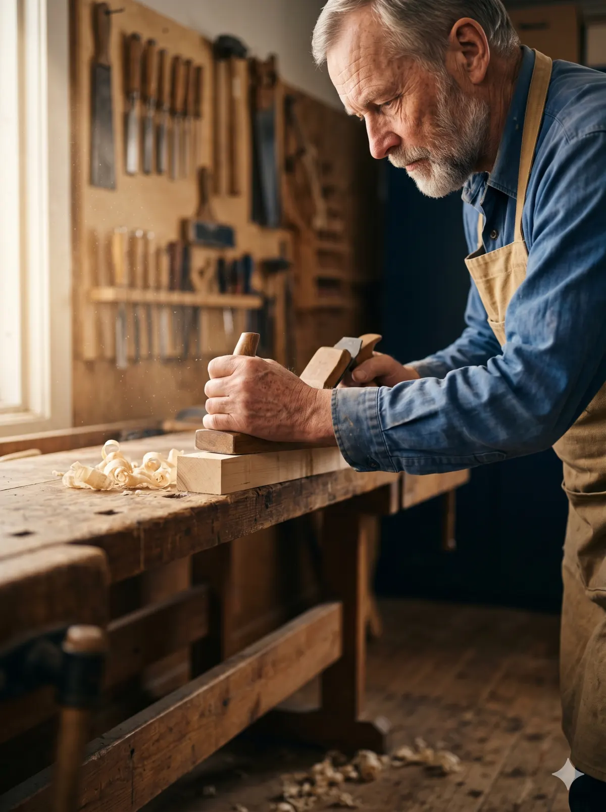 Experienced craftsperson hand-planing birchwood at a workshop bench